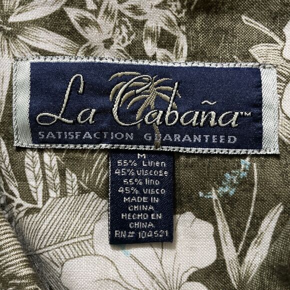 La Cabana Mens Green Floral Linen Blend Hawaiian Camp Shirt Size Medium - Picture 4 of 4